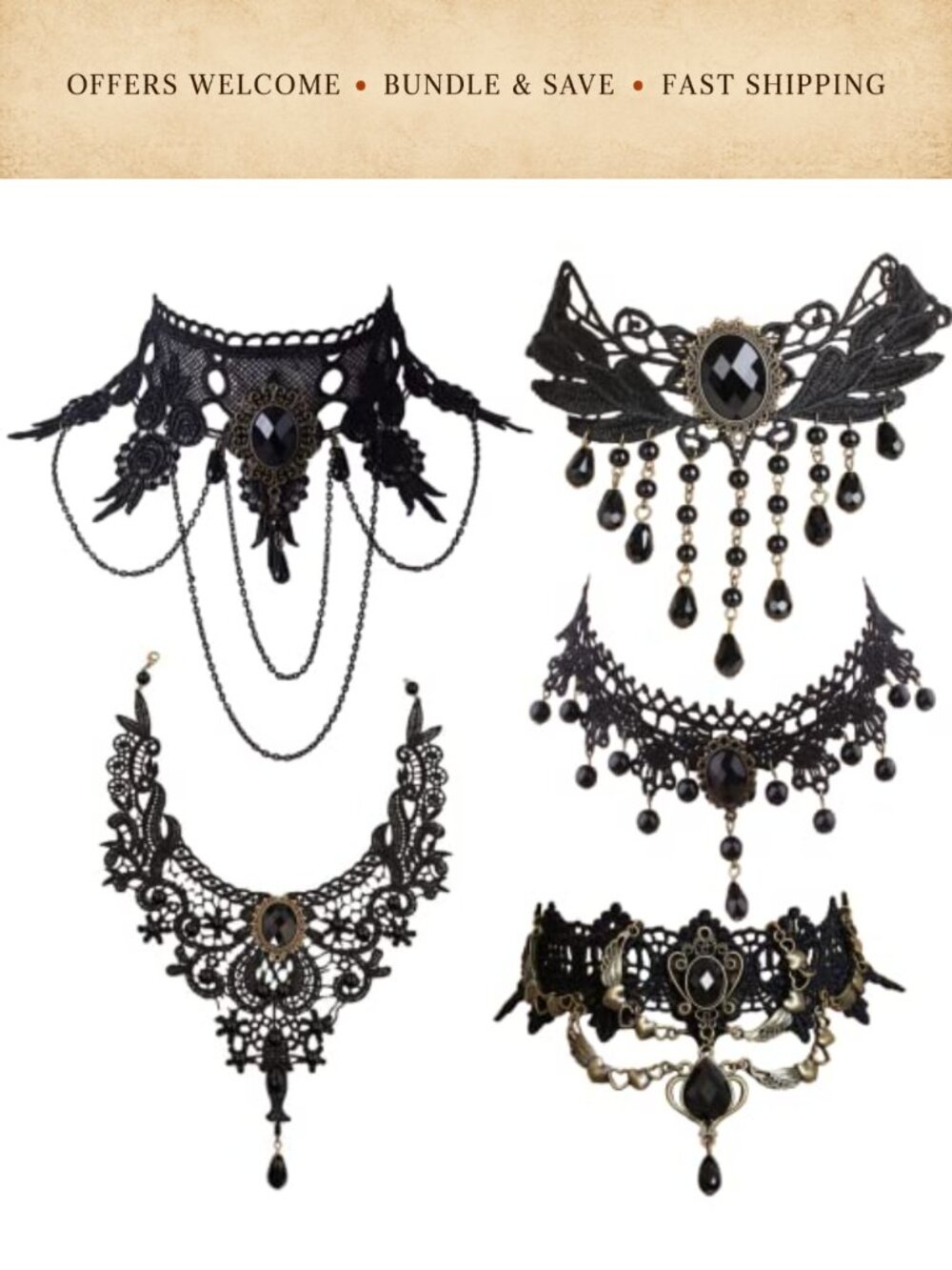 5pc Lace Choker Necklace Set Victorian Gothic Steampunk Cosplay Halloween